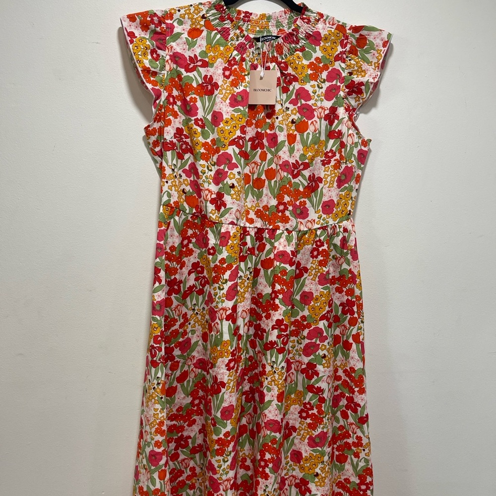BloomChic Floral Midi Dress in Red, Pink, Yellow, Green